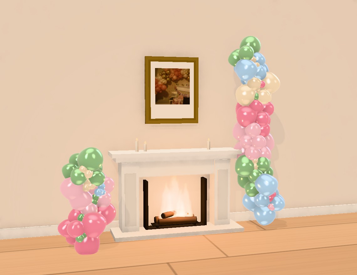 Preview of a blush and sage 2-piece balloon set beside a fireplace in the Design Studio
